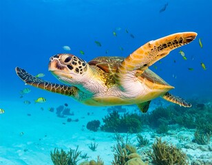 Fototapeta premium A magnificent sea turtle glides gracefully through the crystal-clear turquoise waters of the ocean, swimming above a sandy seafloor with small fish.