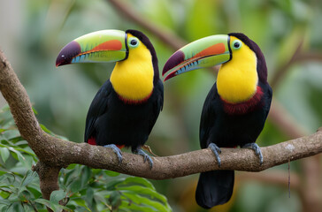 Fototapeta premium Two toucans perched on a tree branch in a rainforest, toucan, bird,