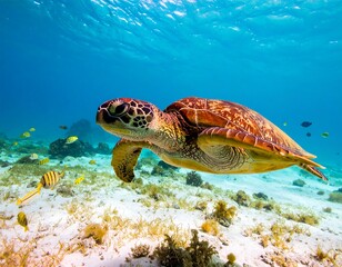 Obraz premium A magnificent sea turtle glides gracefully through the crystal-clear turquoise waters of the ocean, swimming above a sandy seafloor with small fish.