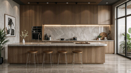 Modern kitchen design with wooden accents and marble