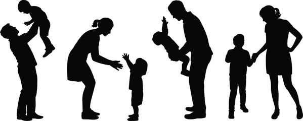 Family silhouette, parents with children, playful kids, parent child interaction, father mother children, family love, child care, black silhouette