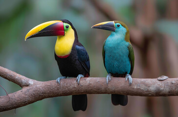 Obraz premium Two toucans perched on a tree branch in a rainforest, toucan, bird,