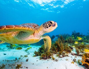 Fototapeta premium A magnificent sea turtle glides gracefully through the crystal-clear turquoise waters of the ocean, swimming above a sandy seafloor with small fish.