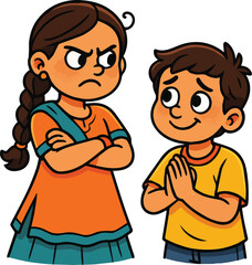 Happy Raksha Bandhan flat vector icon of angry sister and apologie brother illustration for sticker, logo, book, t-shirt and more print or digital design