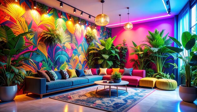 Vibrant Maximalist Living Room with a Bold Tropical Mural and Colorful Neon Lighting
