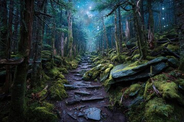 Mystical forest path under moonlight