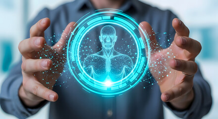 Man holding glowing human anatomy hologram technology