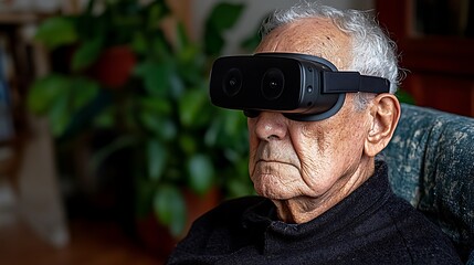 Senior person using virtual reality headset.