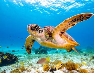 Obraz premium A magnificent sea turtle glides gracefully through the crystal-clear turquoise waters of the ocean, swimming above a sandy seafloor with small fish.