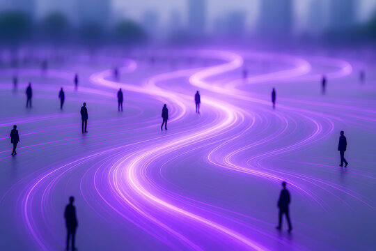 Silhouettes of people walking on glowing purple light trails