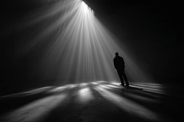 A solitary figure stands in a dimly lit space, bathed in a shaft of light