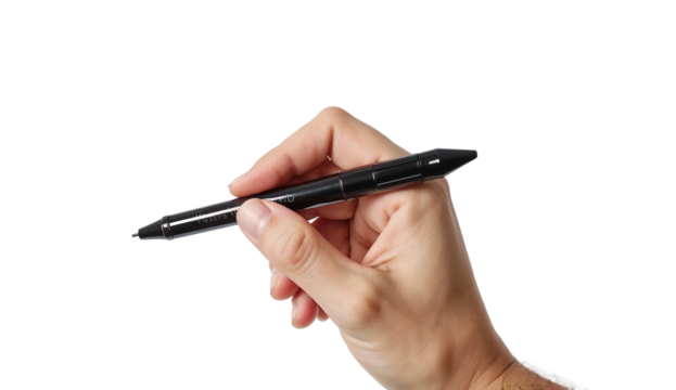 Hand holding a black pen isolated on transparent background