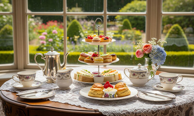Fototapeta premium This is a traditional afternoon tea setting, featuring a tiered stand of sandwiches, cakes, and pastries, served with scones, clotted cream, and tea.