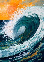 Textured oil painting wall art of a large ocean wave breaking.