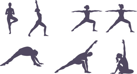 Silhouettes of women practicing yoga in various poses, fitness vector illustration for health and wellness, exercise posture collection, cad drawing flat vector illustration