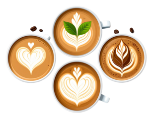  Latte Art Coffee Cup Set in Different Angles, Cartoon Style, isolated on a transparent background.