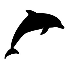 Dolphin silhouette leaping out of the water in simple black and white