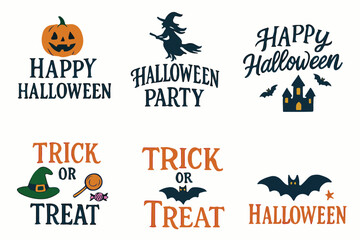 Fototapeta premium Vintage Halloween badges featuring Happy Halloween, Trick or Treat, bat, witch, and pumpkin in retro horror style—perfect for seasonal decor, stickers, party invites, T-shirts, and spooky branding
