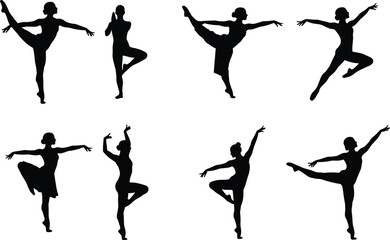 Silhouette set of ballet dancers in different poses, ideal for dance, performance, and movement-themed projects, cad drawing flat vector illustration