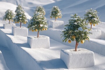 Small citrus trees in snow-covered planters, row