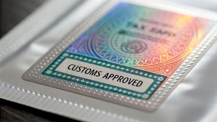 Tax and tariff for goods concept. Customs approval label with holographic design, symbolizing...