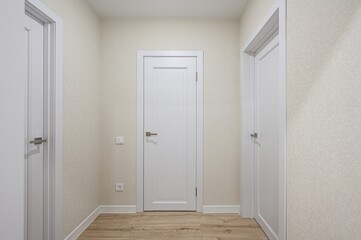bright hallway with three white doors, light beige walls, and light wood-look flooring. Minimalist and clean design