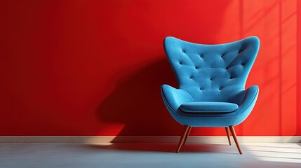 Blue Tufted Armchair Against Red Wall with Sunlight Shadows