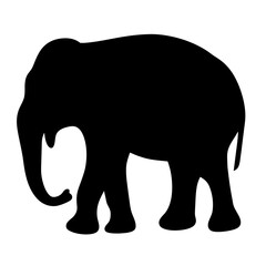 Simple black silhouette of a large elephant walking on white background
