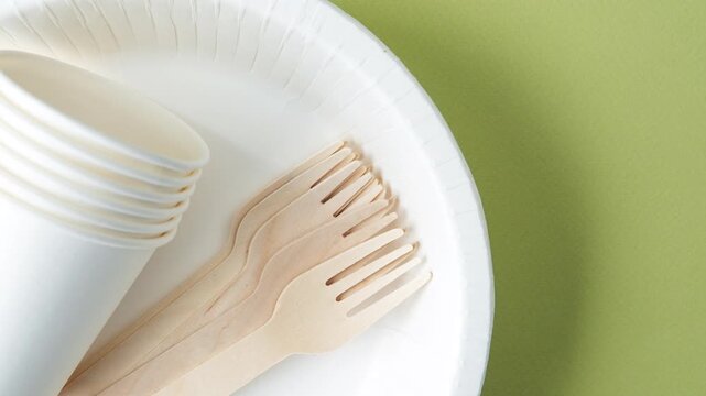 Sustainable disposable paper cups and wooden forks are neatly arranged on a white plate, highlighting eco friendly picnic tableware choices for events.