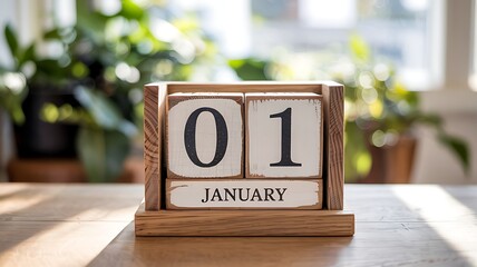 Rustic wooden perpetual calendar displaying january first with soft sunlight and blurred green plants in the background