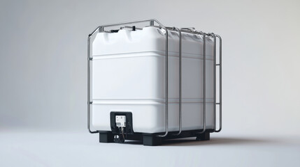 A 3D illustration of an IBC (Intermediate Bulk Container) tank designed for industrial. the tank  metal structure. on white background.