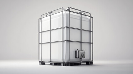 A 3D illustration of an IBC (Intermediate Bulk Container) tank designed for industrial. the tank  metal structure. on white background.