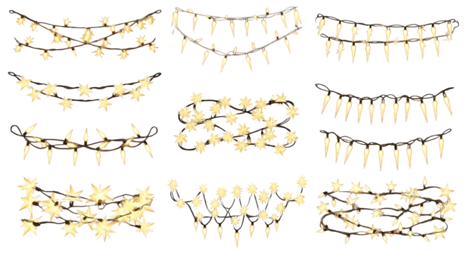 Assorted strings of christmas lights on black    .ai generative, transparent background, white background. isolated on white background, png, jpeg, jpg.