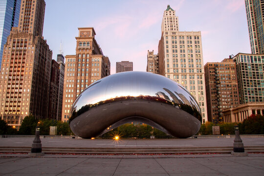 Cloud Gate Sculpture in Millennium Park at Sunrise with Pink Sky in Chicago