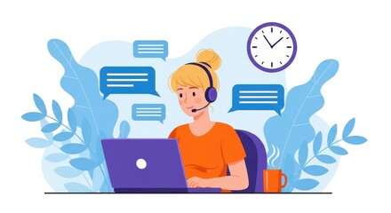 Flat illustration of a woman wearing a headset works on a laptop, surrounded by chat bubbles, indicating customer support or online communication