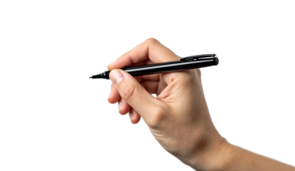 Hand holding a black pen isolated on transparent background