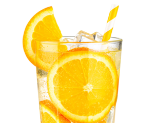 Refreshing orange drink with ice cubes and a striped straw, a vibrant citrus beverage for summer refreshment and healthy lifestyle on transparent background