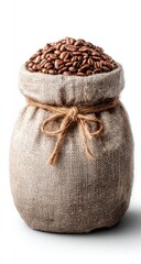 Brown coffee beans in a burlap sack