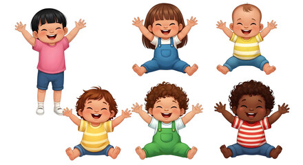 Six cartoon babies sitting with arms raised up    .ai generative, transparent background, white background. isolated on white background, png, jpeg, jpg.