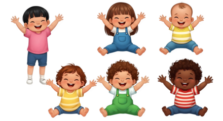 Six cartoon babies sitting with arms raised up    .ai generative, transparent background, white background. isolated on white background, png, jpeg, jpg.