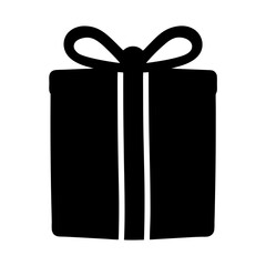 Minimalist black and white graphic of a gift box with ribbon and bow