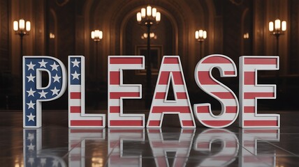 Photo of the word please in bold 3d letters with american flag pattern in a grand hall with ornate lighting