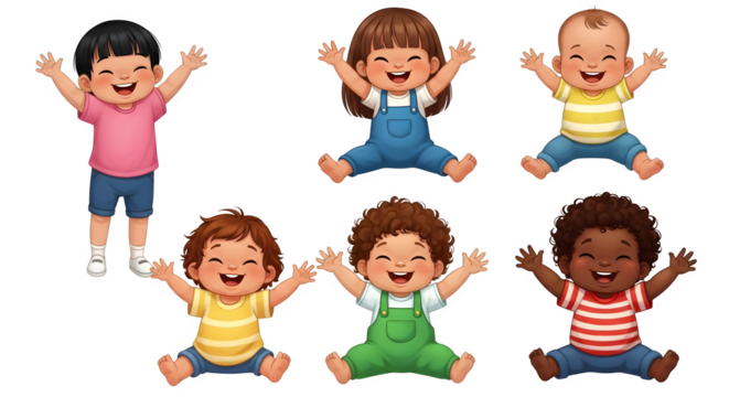 Six cartoon babies sitting with arms raised up    .ai generative, transparent background, white background. isolated on white background, png, jpeg, jpg. - Powered by Adobe
