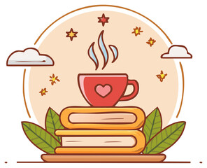 Steaming red cup with heart on a stack of books surrounded by leaves and stars illustration