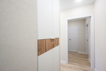 Bright hallway with white walls and light wood floors. Features a two-toned closet and doorways leading further inside