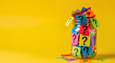 Colorful question mark notes overflowing from a glass jar against a yellow background.