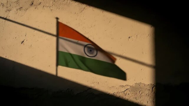 Solemn tribute to Independence Day India with the national flag casting a long shadow against a textured wall at sunrise.