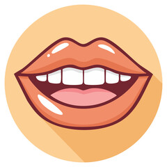 Obraz premium Flat design cartoon icon of a smiling mouth with glossy lips and healthy white teeth