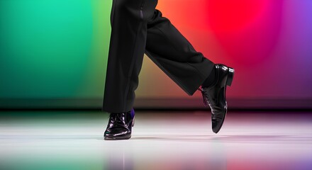 Close-up of a tap dancer's feet in black shoes and pants, mid-step on a white floor with a colorful background.