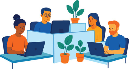 Modern office scene with diverse team in cubicles Illustration
